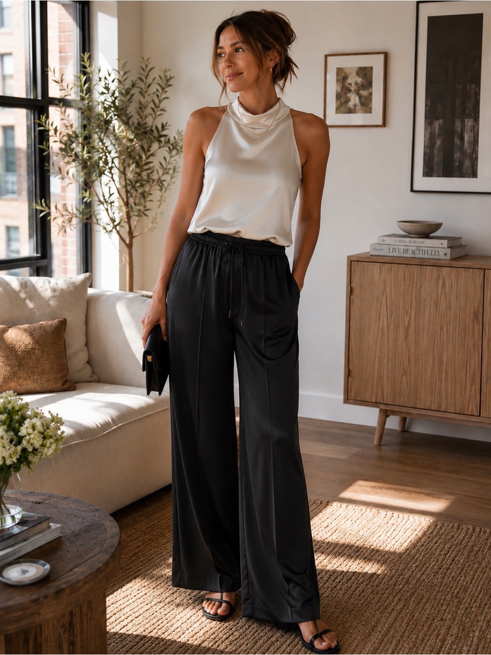 Madewell Black Satin Pull-On Wide Leg Pants Women’s Medium Elastic Waist